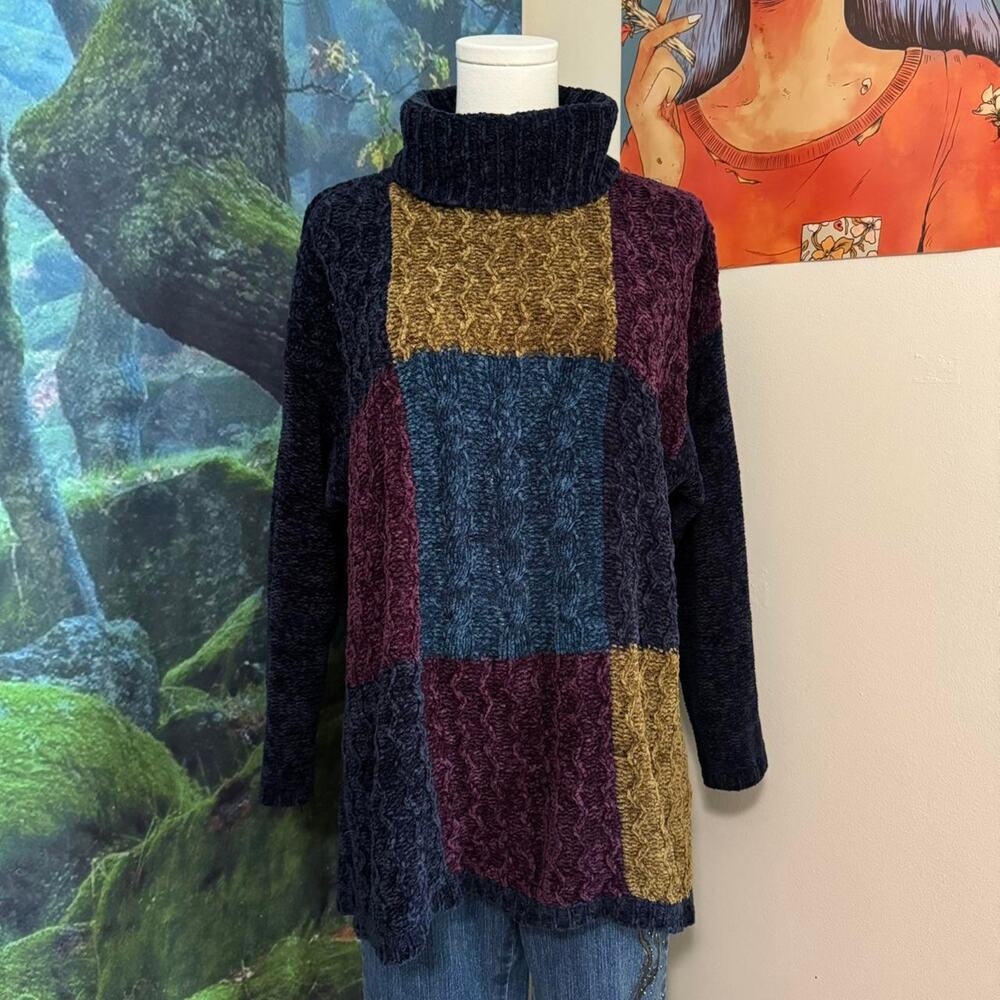 vintage colorblock chenille turtleneck sweater retro boho cozy winterqa
